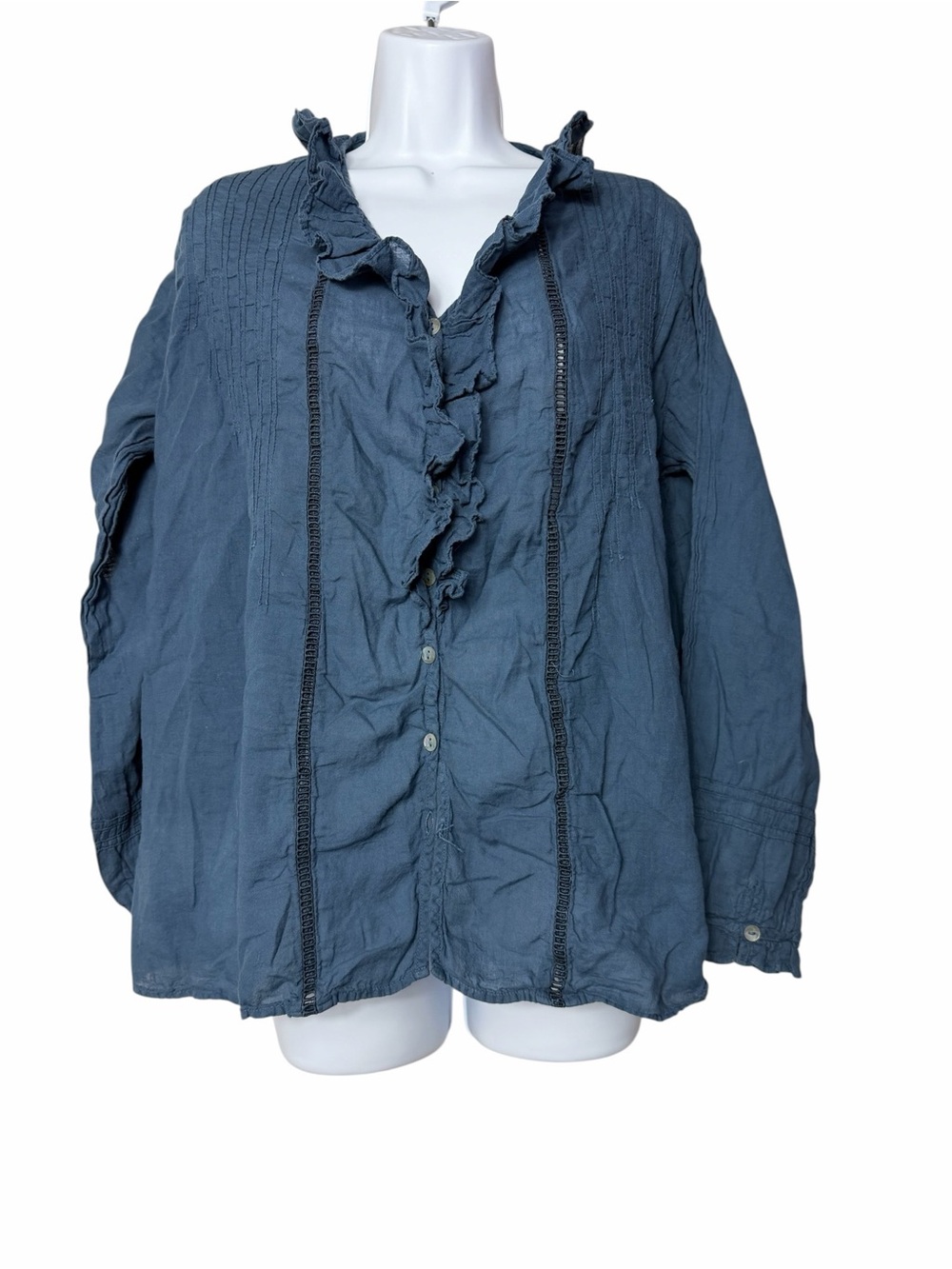 Washed Navy Ruffle-Trim Button Front Women's Top - Picture 2 of 9